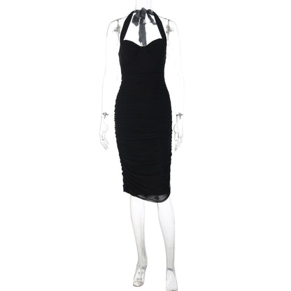 Moda transfronteiriça europeia e americana, novo vestido sexy slim fit e justo ao estilo de rapariga atraente, de cor sólida para mulheres, com rede halter de cor sólida