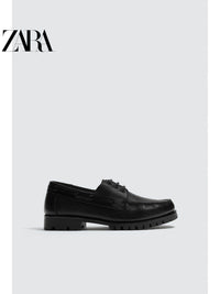 Sapatos masculinos ZARA Primavera/Verão 2026, cabedal em couro liso preto, bico redondo, estilo náutico, 2496720 800