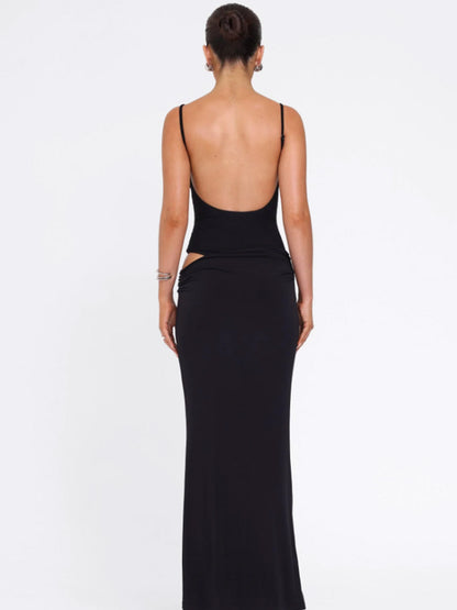 Conjunto europeu e americano de estilo socialite transfronteiriço, conjunto sexy sem costas, de cor sólida e sem mangas, justo, versátil, conjunto de vestido comprido de duas peças para mulheres