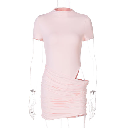 Vestido de rua, estilo americano europeu, sexy, de gola redonda justa, manga curta, justo, justo às ancas, vestido de rua para mulheres