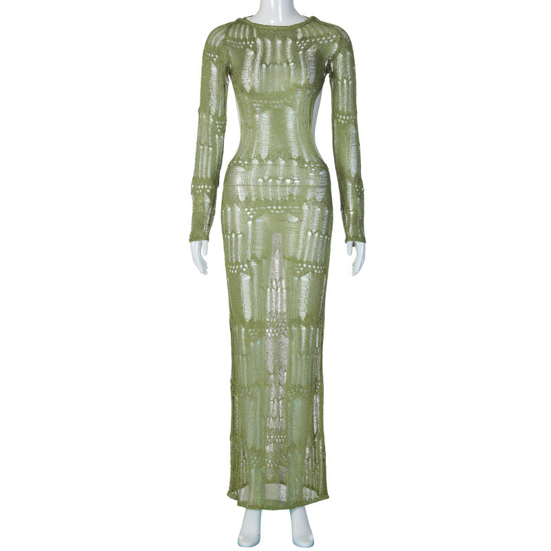 Vestido de verão mais vendido na Europa e nos EUA, novo, sexy, sem costas, oco, transparente, manga comprida, slim-fit, elegante e comprido de lã para mulheres