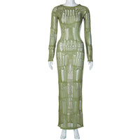 Vestido de verão mais vendido na Europa e nos EUA, novo, sexy, sem costas, oco, transparente, manga comprida, slim-fit, elegante e comprido de lã para mulheres