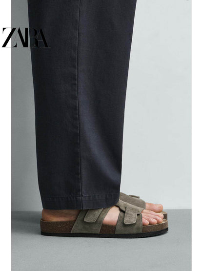 ZARA 2026 Primavera/Verão Novos Sapatos Masculinos Sandálias de Praia de Couro Camurça com Tiras 2721720 500