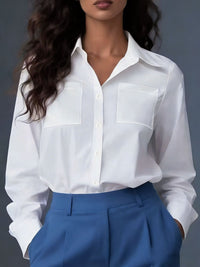 Camisa feminina elegante, europeia e americana, de quatro estações, bolso transfronteiriço e manga comprida, solta e lapela