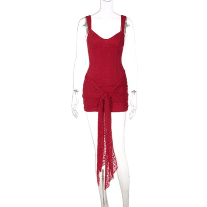 Vestido de Moda Transfronteiriço em renda Sexy com decote em V, cintura apertada na cintura, vestido com alças retalhadas e contornos de anca