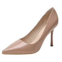 Saltos altos nude, saltos agulha, sapatos franceses de verniz primavera/outono 2024 com biqueira pontiaguda e corte raso, versáteis, estilo profissional simples para mulher