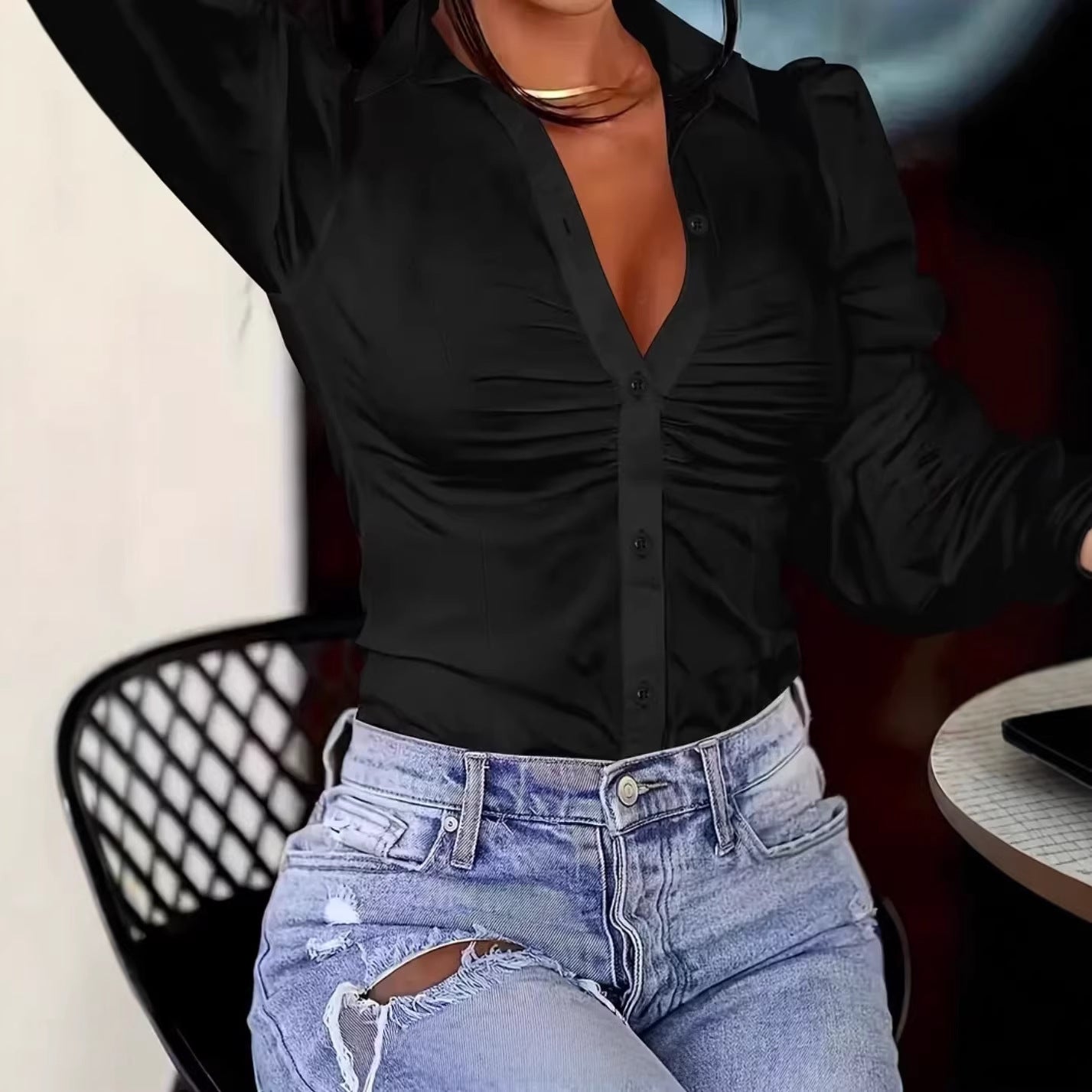 Moda feminina transfronteiriça europeia e americana e estilo casual elegante, lapela, plissada, slim-fit, de cor sólida