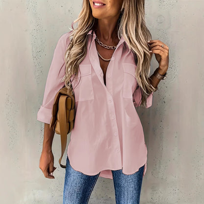 Nova camisa feminina feminina europeia e americana 2024 versátil de bolso, bolso solto, manga longa e gola virada para baixo