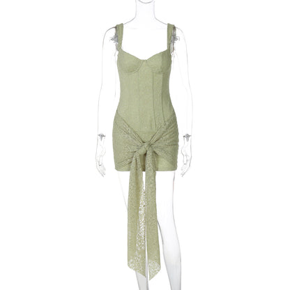 Vestido de Moda Transfronteiriço em renda Sexy com decote em V, cintura apertada na cintura, vestido com alças retalhadas e contornos de anca