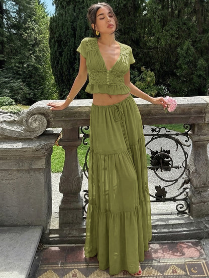 T-shirt elegante de galã de chiffon de renda, estilo francês e americano, vestido comprido largo largo até gravata