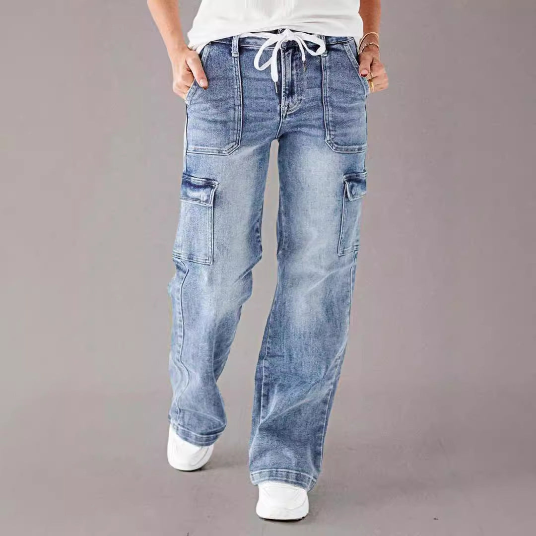 Em Stock Europeu e Americano Outono 2025 Novos Jeans de Atacadores para Mulher, Calças de trabalho casuais largas de perna direita, Lavadas