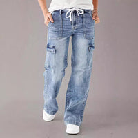 Em Stock Europeu e Americano Outono 2025 Novos Jeans de Atacadores para Mulher, Calças de trabalho casuais largas de perna direita, Lavadas