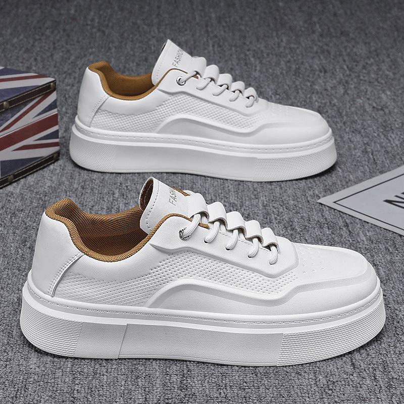 Sapatos masculinos de primavera, novos sapatos brancos de couro respiráveis, ténis de sola grossa e versáteis da moda, ténis casuais, sapatos modernos