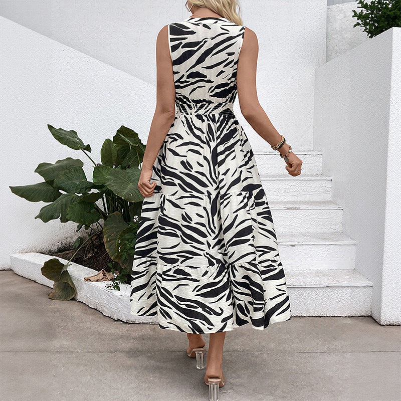 Amazon 2025 Novo vestido de zebra com padrão zebra Versátil, europeu e americano com decote em V, cintura elástica e cintura elástica, sem mangas