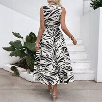 Amazon 2025 Novo vestido de zebra com padrão zebra Versátil, europeu e americano com decote em V, cintura elástica e cintura elástica, sem mangas