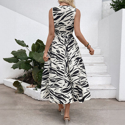 Amazon 2025 Novo vestido de zebra com padrão zebra Versátil, europeu e americano com decote em V, cintura elástica e cintura elástica, sem mangas