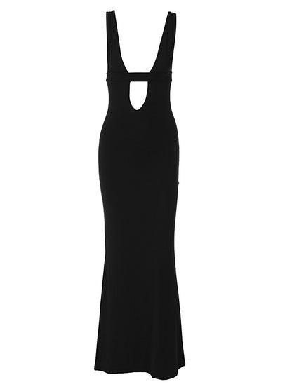 Novo vestido longo elegante com alças finas em V em estilo ocidental e europeu de estilo sexy em V profundo com busto oco, um elegante vestido longo com tiras finas