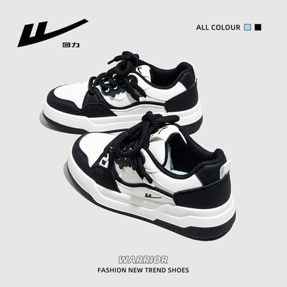 Ténis versáteis na moda Warrior com design a preto e branco e sapatos estudantis de sola grossa, sapatos casuais unissexo respiráveis para todas as estações
