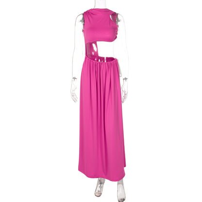 2026 Moda Mais Vendida na Europa e nos Estados Unidos Colete Oco de Cor Sólida Patchwork Cravata Lateral Curta Vestido Longo para Mulheres