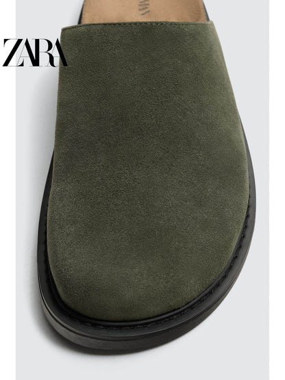 ZARA 2026 Primavera/Verão Sapatos Masculinos, Acabamento em Camurça, Bico Redondo, Sola Grossa, Tamancos de Couro, 2770620 512