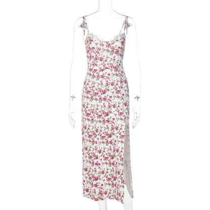 Vestido Feminino de Moda Europeia e Americana 2026 Verão Quente, Pequeno Vestido Floral Split Slit Strap Amazon Comércio Exterior Roupa Feminina por Grosso