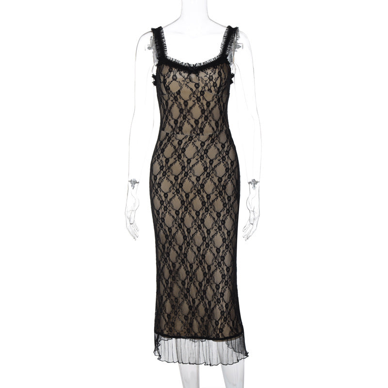 Comércio exterior europeu e americano quente novo sexy renda detalhes peito laço irmã real estilo mid slip vestido mulheres