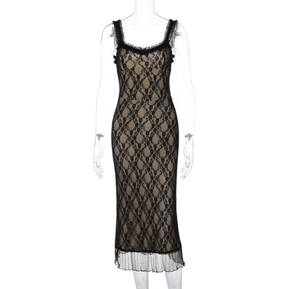 Comércio exterior europeu e americano quente novo sexy renda detalhes peito laço irmã real estilo mid slip vestido mulheres