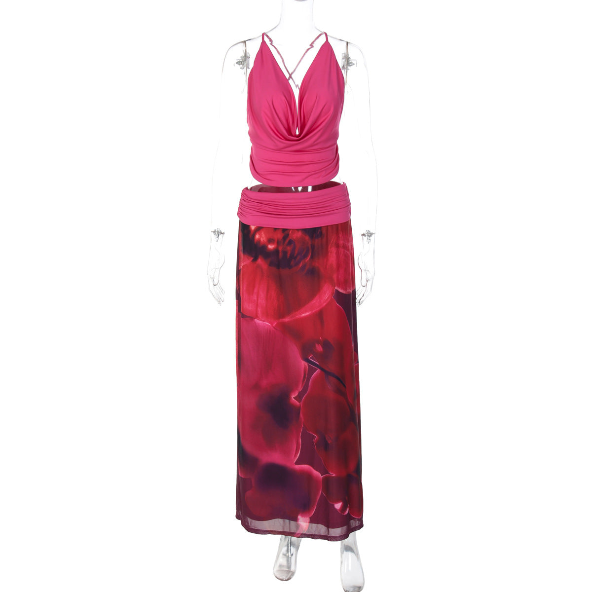 2026, verão europeu e americano, novo conjunto de vestido longo estampado com gola sling e gola sling sem costas, sexy de malha fina, estampado para mulheres