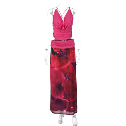 2026, verão europeu e americano, novo conjunto de vestido longo estampado com gola sling e gola sling sem costas, sexy de malha fina, estampado para mulheres