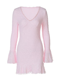Vestido atravessado europeu e americano, sexy de remendas em V de renda, pétalas, manga longa, manga longa e estreito, vestido lápis curto e de manga longa da Amazon