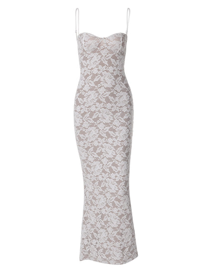 Moda feminina europeia e americana 2026, vestido sexy de renda em renda, com costas nuas, vestido slim slim slipwork para mulheres
