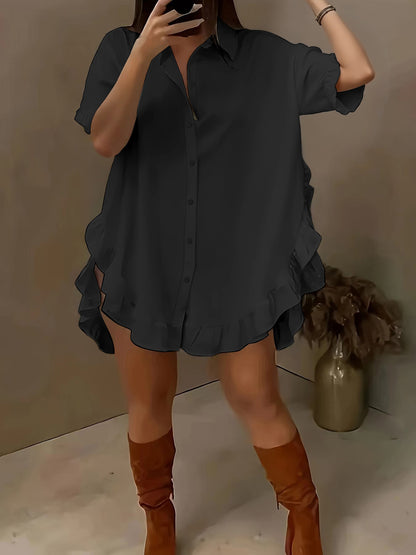 Roupa feminina O-size de manga curta para comércio estrangeiro transfronteiriço, folhos plissados soltos de cor sólida, camisa de bainha larga, camisa casual