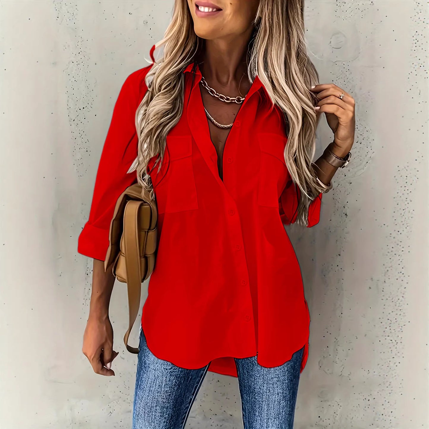 Nova camisa feminina feminina europeia e americana 2024 versátil de bolso, bolso solto, manga longa e gola virada para baixo