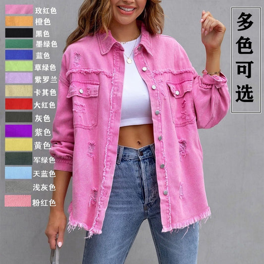 Novo casaco de ganga europeu e americano transfronteiriço, casaco feminino largo de cor sólida, camisa de ganga de manga comprida rasgada
Um grande sucesso