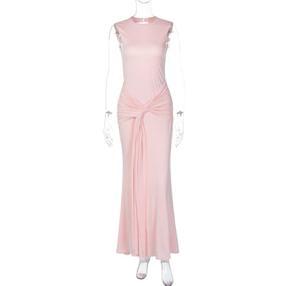 Vestido feminino de duas camadas, de duas camadas e gravata de retalhos, de um salto cruzado transfronteiriço europeu e americano, sexy, sem mangas, sem mangas, ajustado e ajustado longo de gravata de retalhos