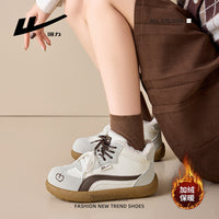 Os novos sapatos de treino moral de topo médio e alto da Warrior, sapatos quentes versáteis e da moda com blocos de cor, sapatos femininos de inverno com forro de polar duplo com laceta