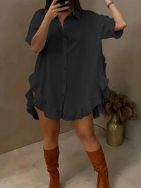 Roupa feminina O-size de manga curta para comércio estrangeiro transfronteiriço, folhos plissados soltos de cor sólida, camisa de bainha larga, camisa casual
