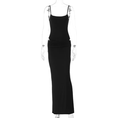 Conjunto europeu e americano de estilo socialite transfronteiriço, conjunto sexy sem costas, de cor sólida e sem mangas, justo, versátil, conjunto de vestido comprido de duas peças para mulheres