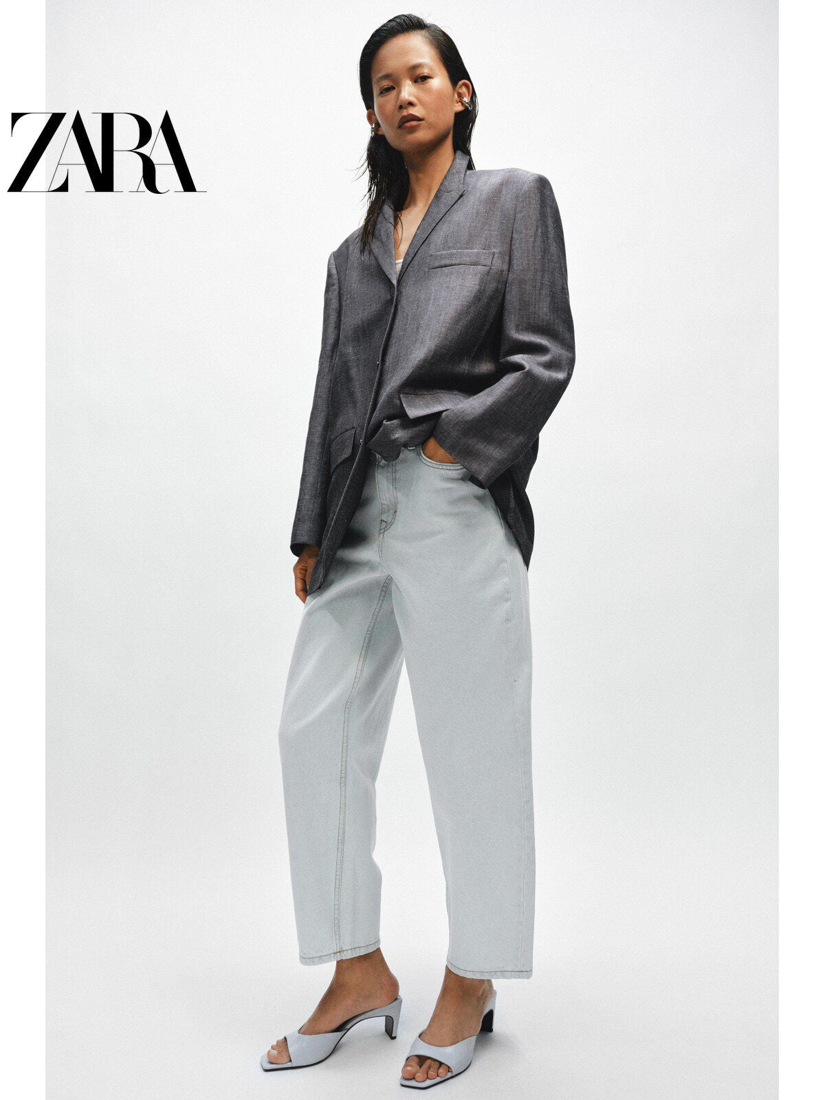 ZARA 2026 Verão Nova Coleção Sapatos Mule Femininos, Sandálias de Salto Alto com Bico Quadrado em Couro, 1301810 044