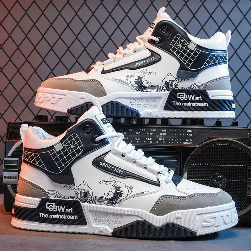 Sapatos masculinos chineses da moda, sapatos originais e versáteis de nicho para o quadro branco que aumentam a altura, sapatos desportivos casuais de outono de corte alto e modernos
