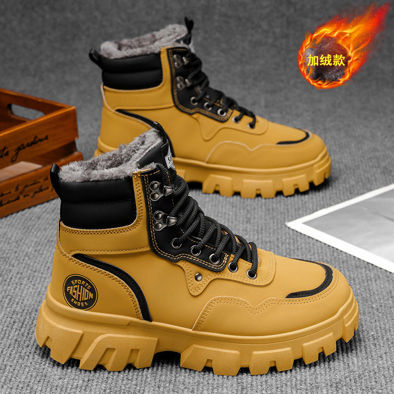 Botas de neve masculinas, sapatos de algodão do Nordeste, forrados em polar de inverno, quentes e espessos, em pele e pele integraram botas de algodão Martin resistentes ao frio e resistentes ao frio