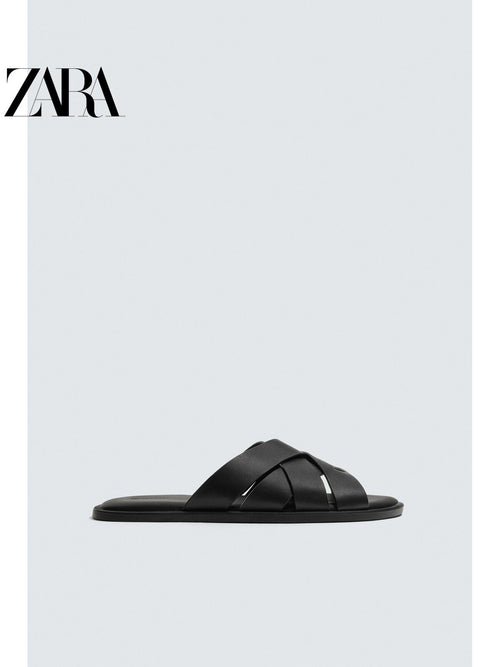 ZARA Coleção Verão 2026 - Sapatos Masculinos: Sandálias Rasteiras de Couro com Tiras na Cor Combinando (2750820 800)