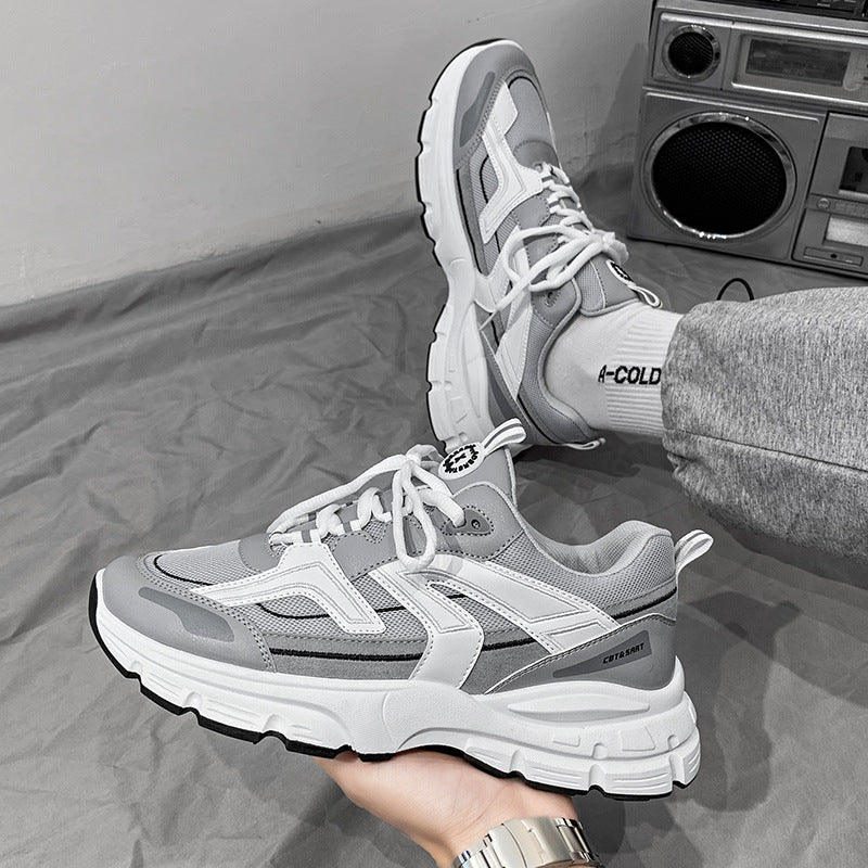Masculino Verão Respirável, Versátil Casual Estudante Corrida, Viagens Desportos Pequenos Ténis Brancos Dad Port Trend com sola grossa e aumento de altura