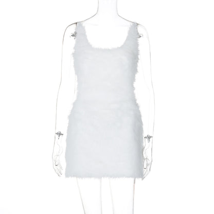 Vestido bodycon feminino feminino europeu e americano transfronteiriço sexy, com fecho sem costas ocas, de cor sólida, peludo, alças finas,