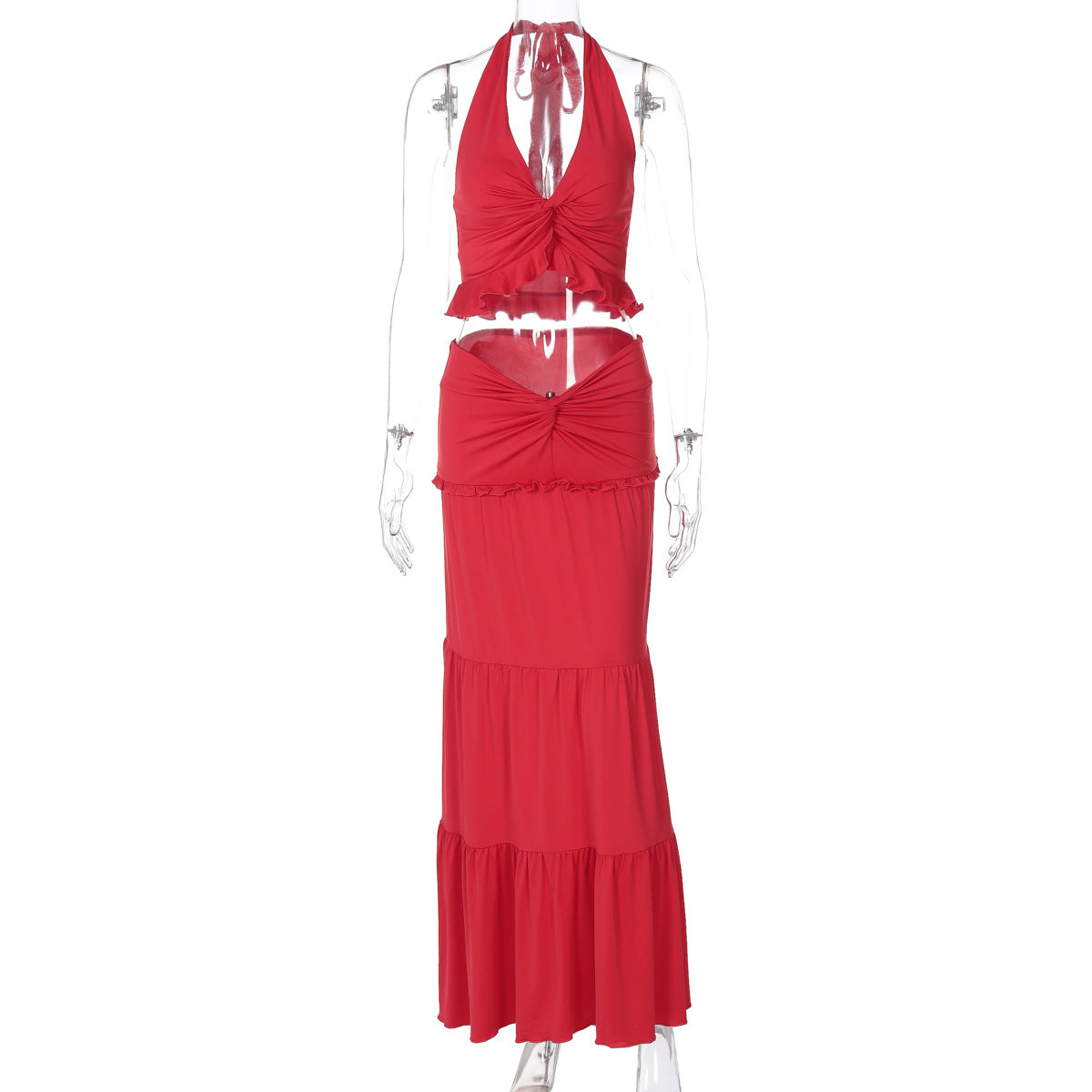 Moda feminina europeia e americana, novo conjunto sexy de vestidos longos com decote em V com borda com folhos e alças longas torcidas para mulheres