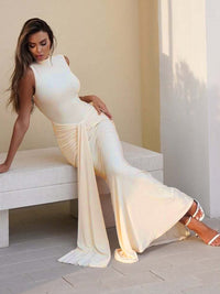 Vestido feminino feminino de cor sólida, de cor sólida, sem mangas, justo, na moda, fita longa e sexy