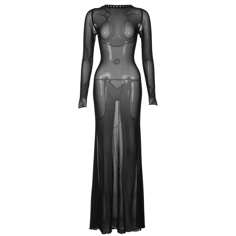 Vestido feminino novo e sexy de verão de malha sem costas, de manga comprida extra-longa, ao estilo europeu e americano, para mulheres