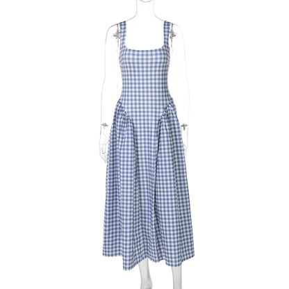 Vestido de princesa francês fresco, europeu e americano à moda que aperta a cintura, vestido slip sem costas sexy para mulheres