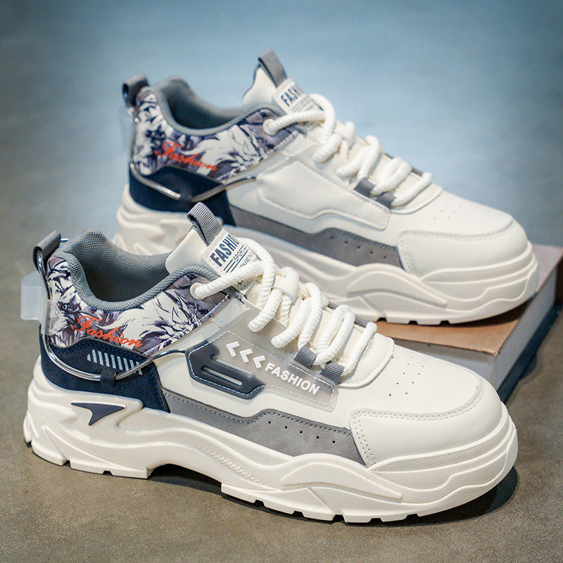 Sapatos masculinos na moda, novos ténis brancos de sola grossa para o outono de 2025 que aumentam a altura, sapatos desportivos desportivos casuais coreanos na moda