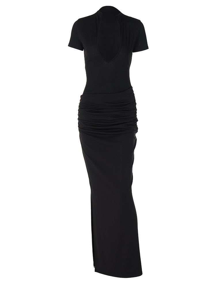 Verão 2026 Novo Vestido Feminino Sexy Deep V, Manga Curta em V Profundo, Cor Sólida, Estilo Rapariga Atraente, Vestido Comprido Plissado de uma só peça dropshipping